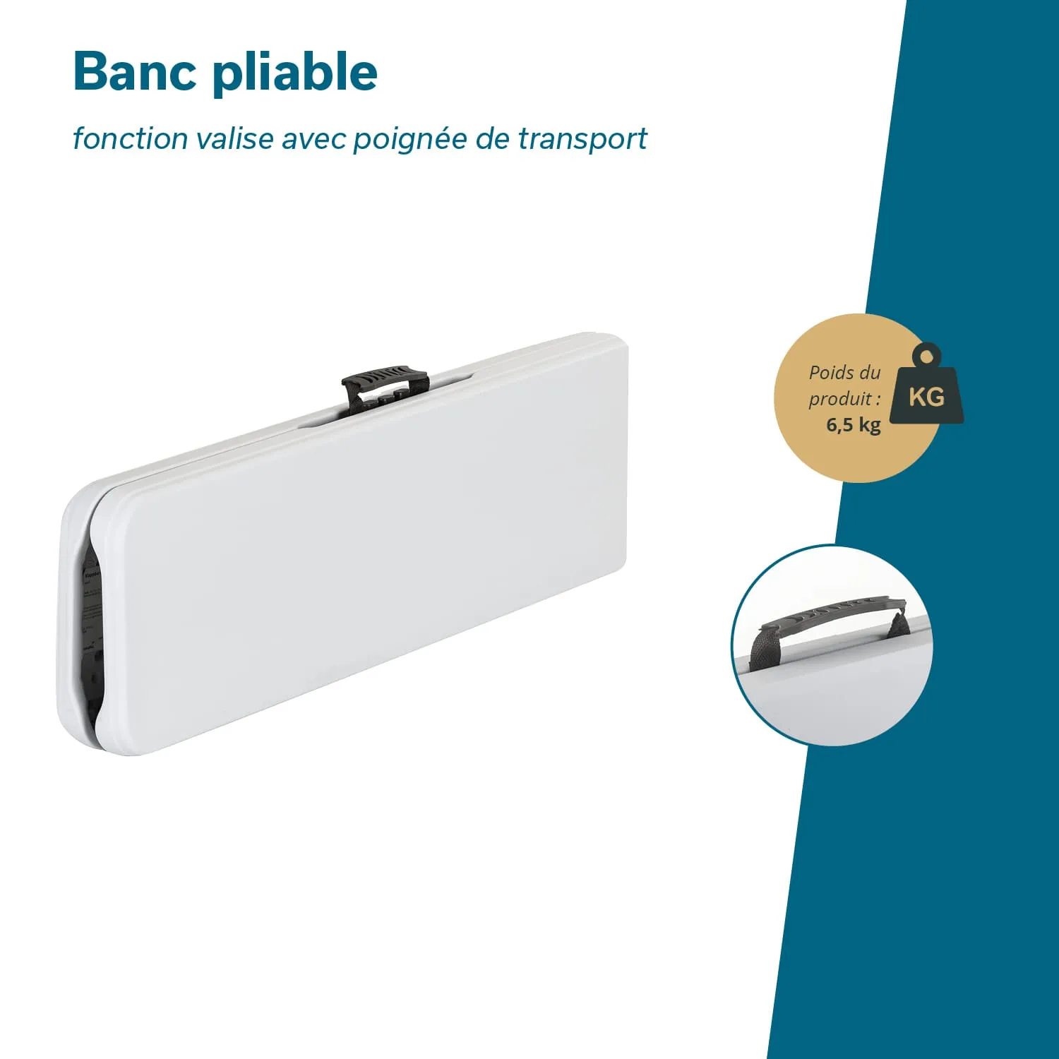 Grauer, faltbarer Bank mit Griff und Verriegelung, die als transportable Lösung dargestellt ist. Gewicht: 6,5 kg.