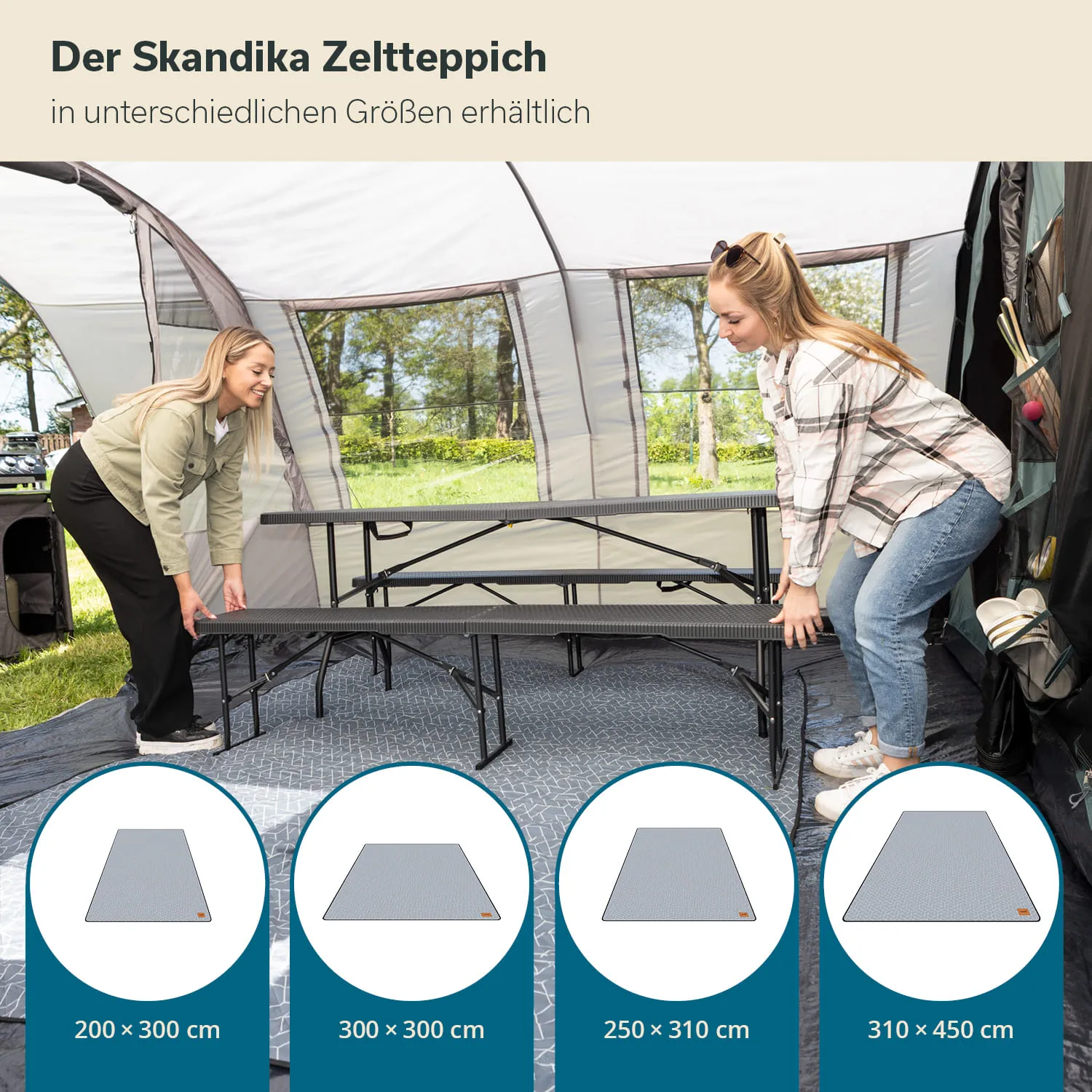 Zeltteppich im Inneren eines Zeltes, zwei Personen richten einen Tisch auf dem Teppich. Produkte in verschiedenen Größen sind abgebildet.