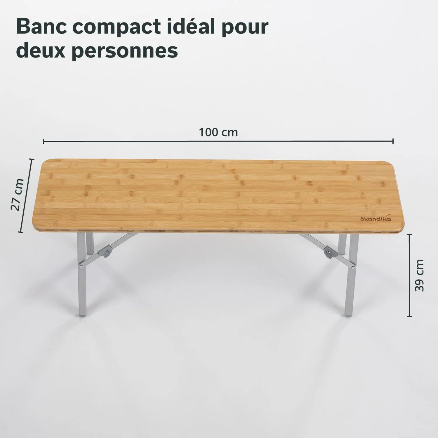 Holztisch aus Bambus mit metallenen Beinen, Maße 100 cm x 27 cm x 39 cm, auf weißem Hintergrund.