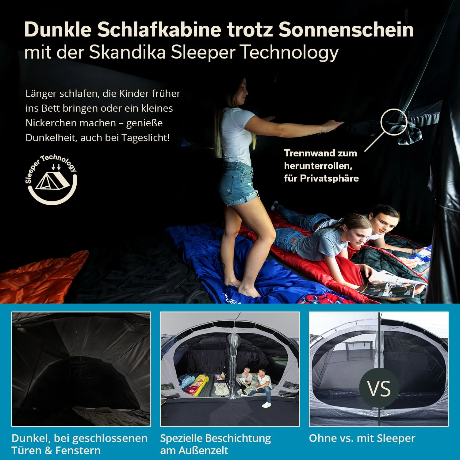 Dunkle Schlafkabine in einem Zelt. Eine Person steht, zwei weitere liegen auf Schlafsäcken. Informationen zur Skandika Sleeper Technology.