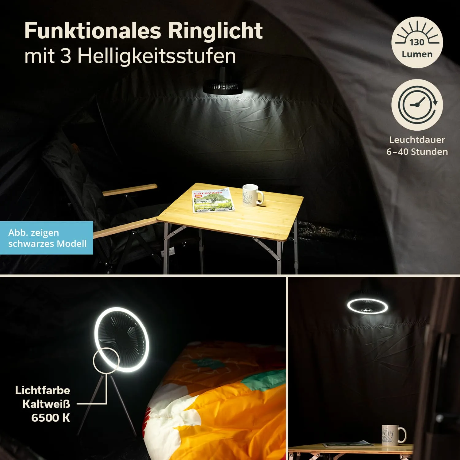 Ein Zeltinneres mit einem klappbaren Tisch, einem Stuhl und einer Tasse. Oben hängt ein Ringlicht, unten ist ein Ventilator abgebildet.