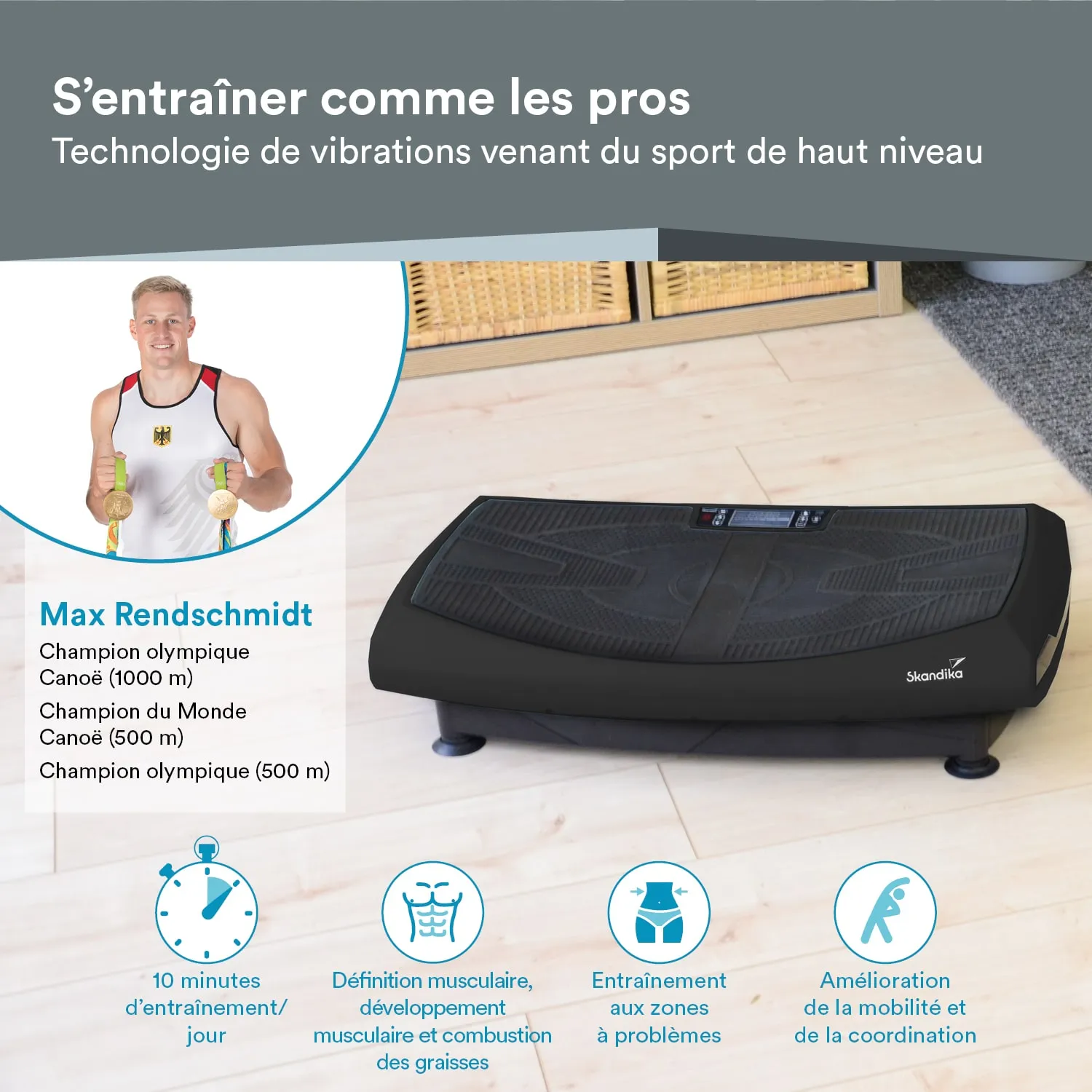Vibrationsgerät in einem Raum mit Holzboden. Links steht ein Mann in Sportkleidung mit Medaillen. Textinformationen über Training.