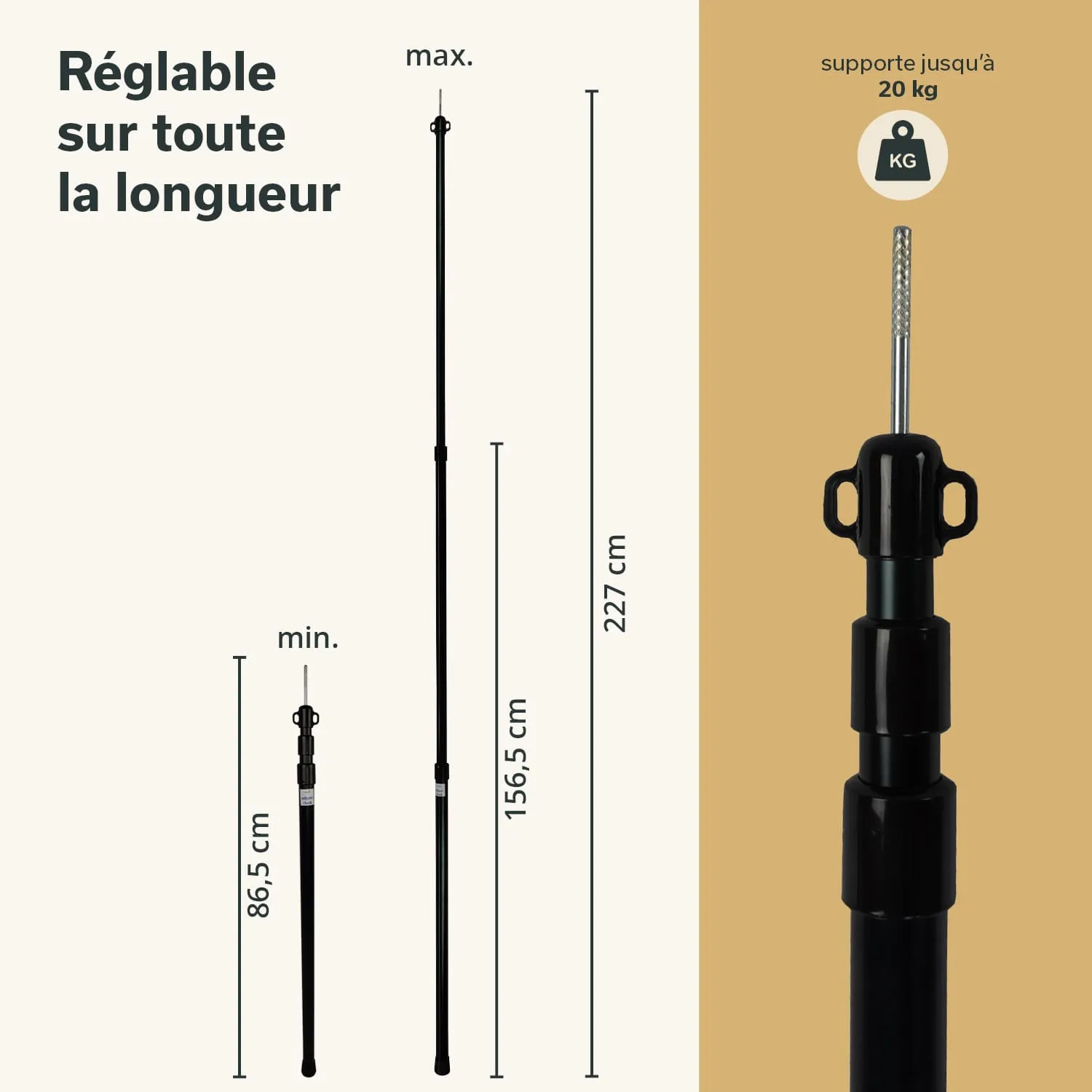 Verstellbarer schwarzer Stativmast mit minimaler Höhe von 86,5 cm und maximaler Höhe von 227 cm. Halterung für bis zu 20 kg.