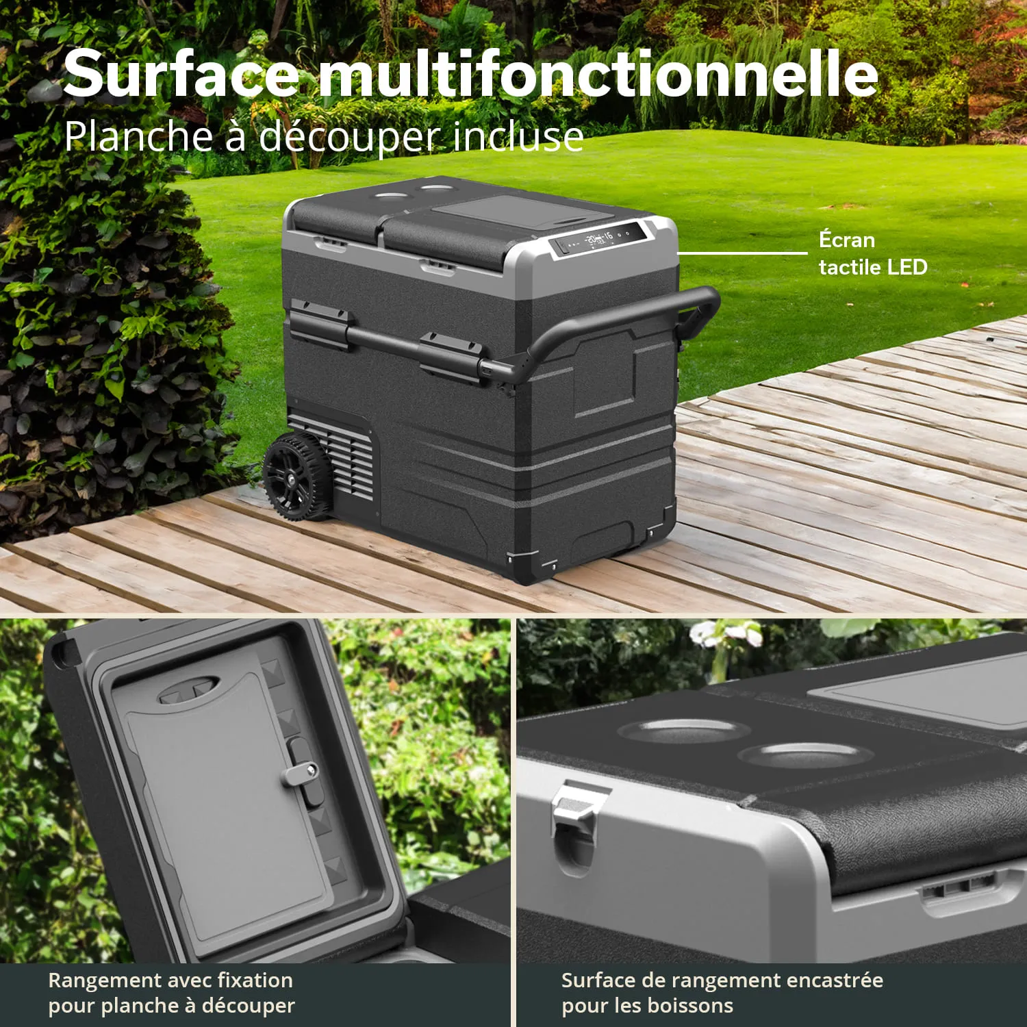 Multifunktionale Kühlbox mit Rollen, Touchscreen, Schneidebrett und integriertem Stauraum für Getränke. Holzoberfläche sichtbar.