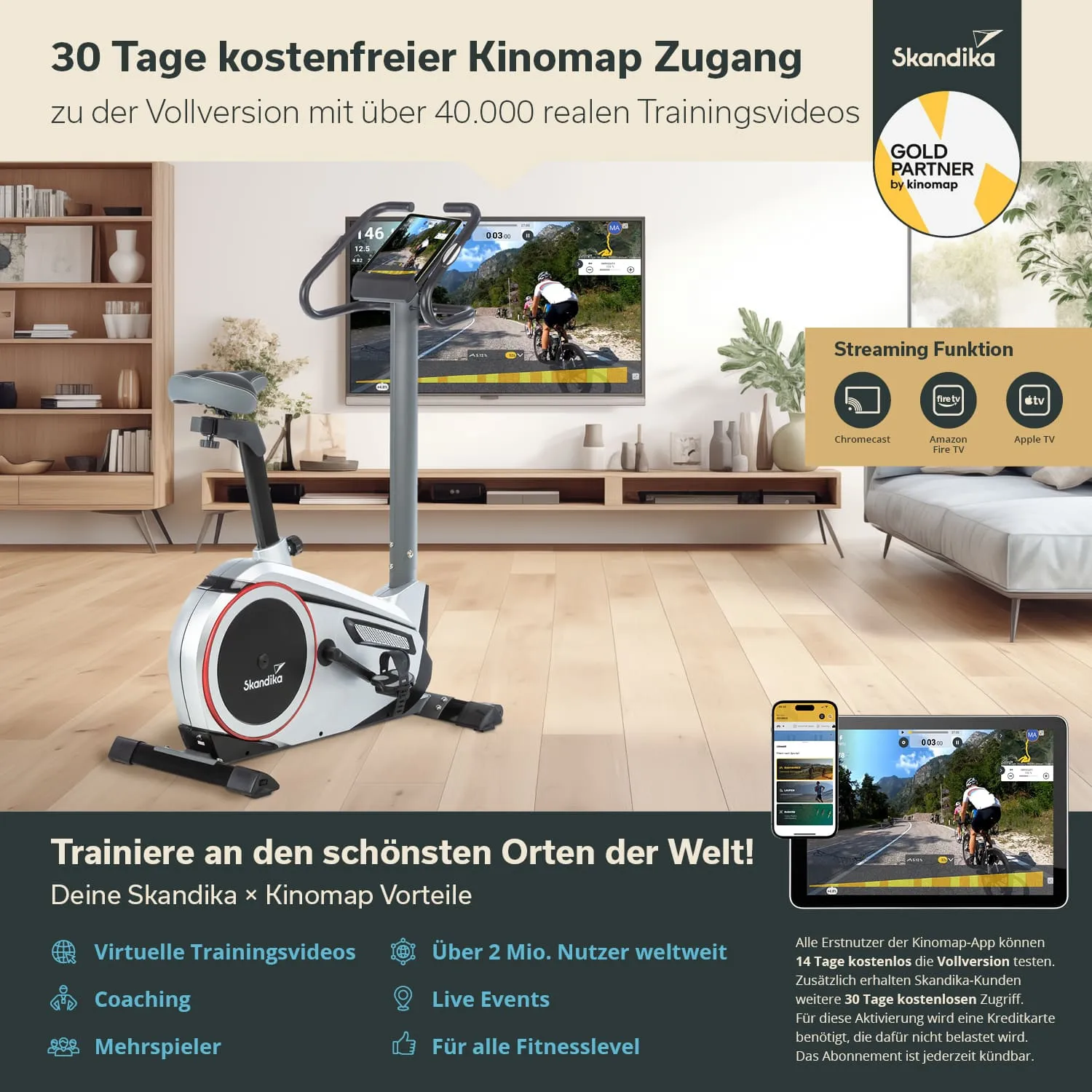 Ein Heimtrainingsgerät steht im Vordergrund, neben einem Fernseher, der ein Fahrradfahrer-Trainingsvideo zeigt. Im Hintergrund ist eine moderne Wohnzimmereinrichtung zu sehen. Auf einem Tablet sind weitere Trainingsinformationen abgebildet.