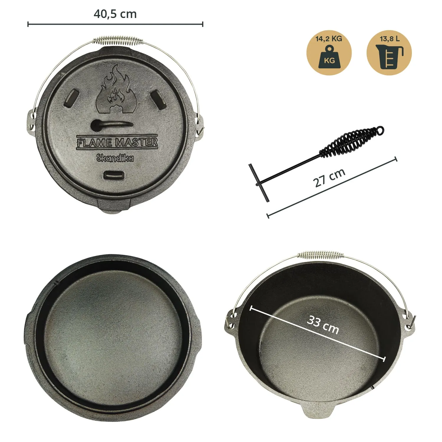 Schwarz-grau gusseiserner Dutch Oven mit abnehmbarem Deckel, einem Spiralkabel und Maßangaben. Oben dargestellt: Deckel und Innenseite.