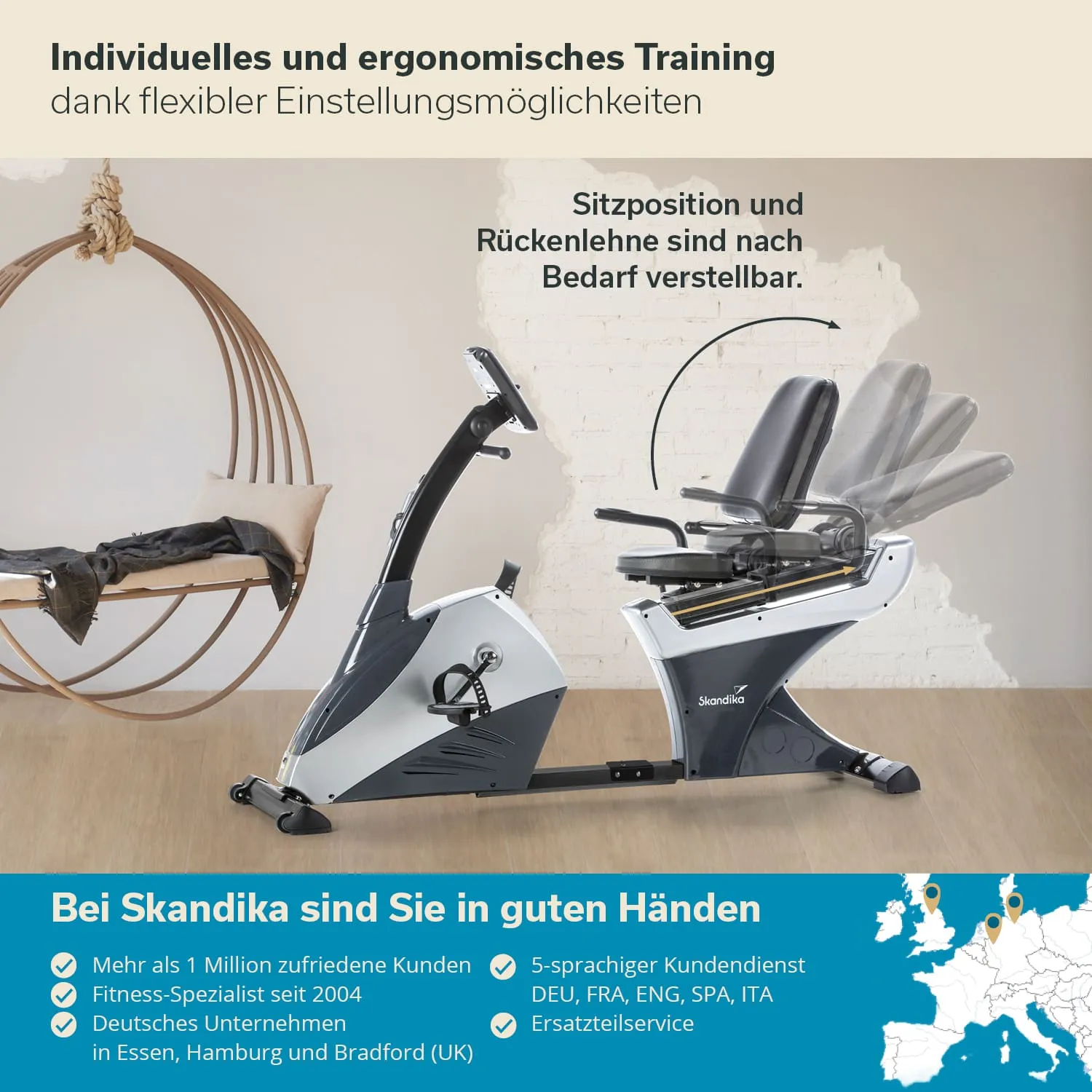 Ergometer mit verstellbarem Sitz und Rückenlehne steht in einem modernen Raum. Im Hintergrund hängt ein runder Hängestuhl.