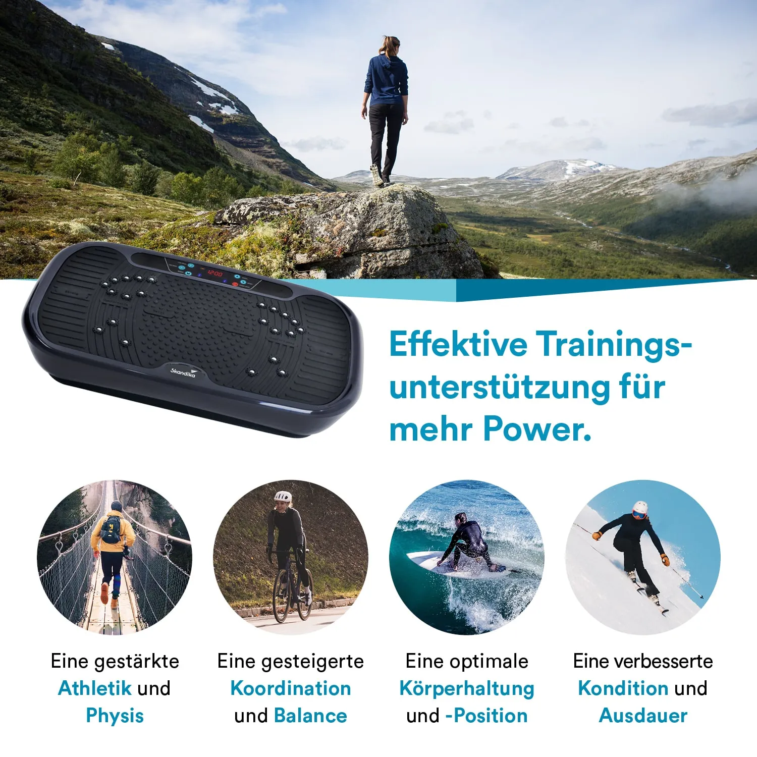 Ein Vibrationsgerät vor einer Berglandschaft. Text beschreibt Vorteile wie verbesserte Athletik, Koordination und Körperhaltung.