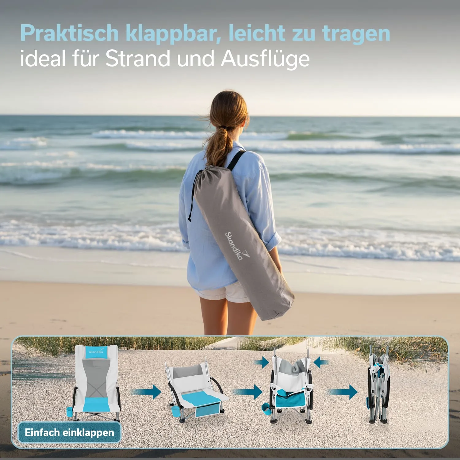 Person mit einer grauen Tragetasche steht am Strand, schaut aufs Wasser. Unten sind Schritte zum Einklappen eines Stuhls dargestellt.