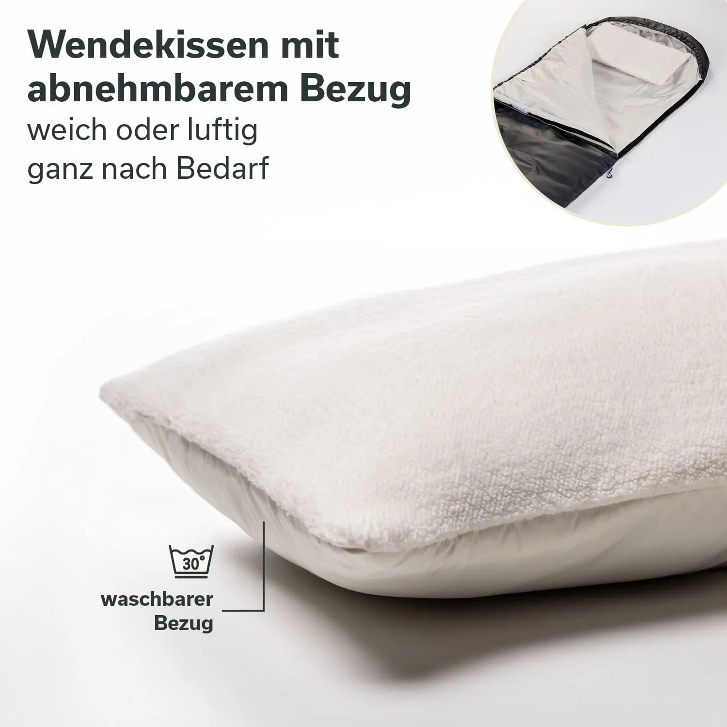 Wendekissen mit abnehmbarem Bezug, weich und luftig. Als waschbar gekennzeichnet, in hellem Design.
