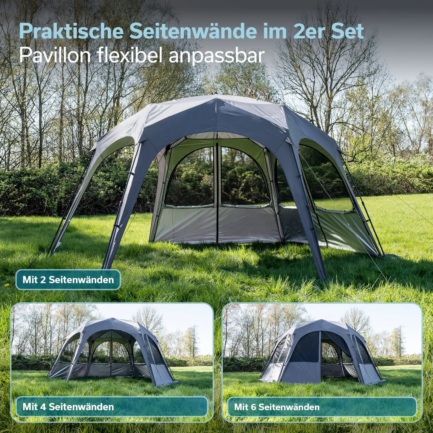 Grauer Pavillon mit abnehmbaren Seitenwänden auf einer Wiese, umgeben von Bäumen. Drei Varianten der Seitenwände abgebildet.