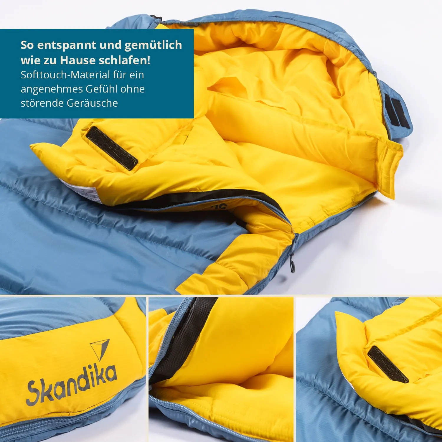Schlafsack in Blau und Gelb mit Reißverschluss und weichem Innenfutter. Logo "Skandika" sichtbar.