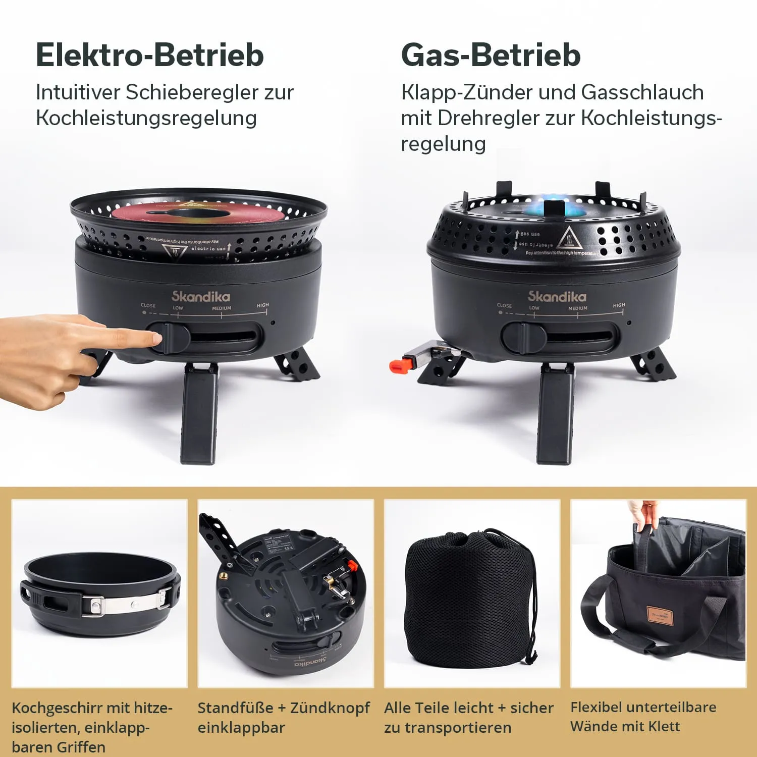 Zwei Kochgeräte, eines für Elektro- und das andere für Gasbetrieb, jeweils mit Reglern. Zubehörteile und eine Tasche sind abgebildet.