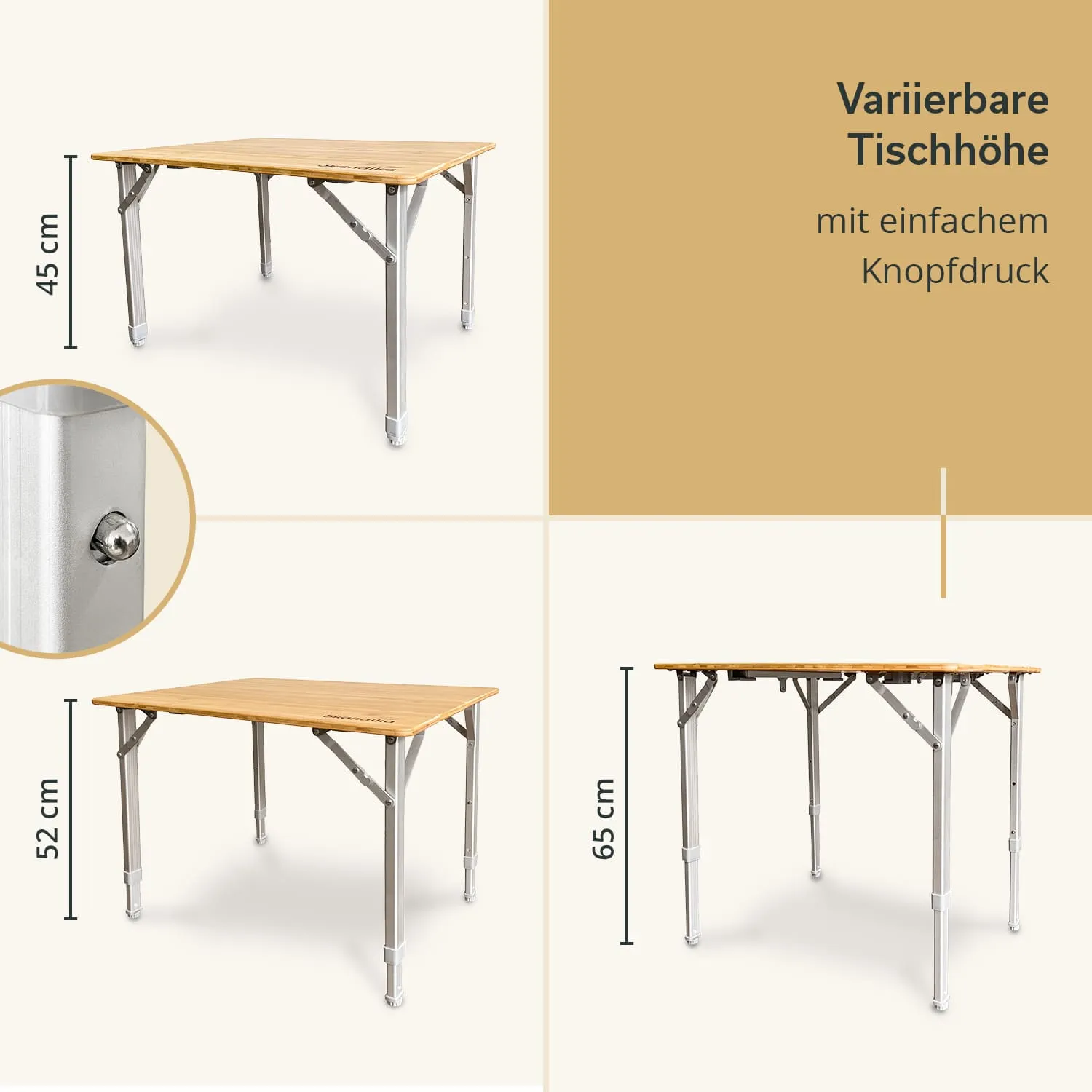 Tisch mit variabler Höhe in drei Positionen (45 cm, 52 cm, 65 cm) und silbernen Metallbeinen. Holzoberfläche.