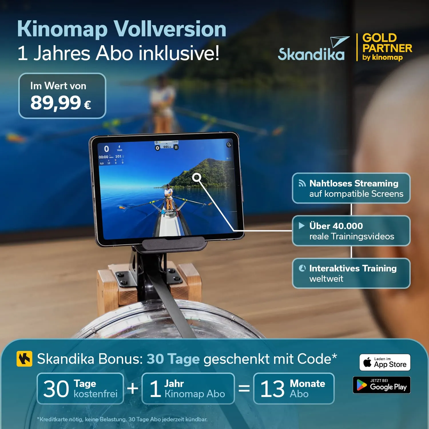 Tablet mit Trainingssoftware auf einem Rudergerät, Werbung für Kinomap-Vollversion und Abo-Angebote. Hintergrund unscharf.