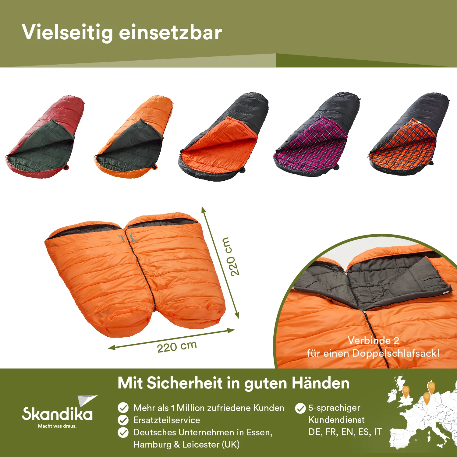 Fünf Schlafsäcke in verschiedenen Farben und Designs sind abgebildet, darunter ein ganzes Schlafsackmodell für zwei Personen. Der Text beschreibt vielseitige Einsatzmöglichkeiten und betont den Kundenservice.