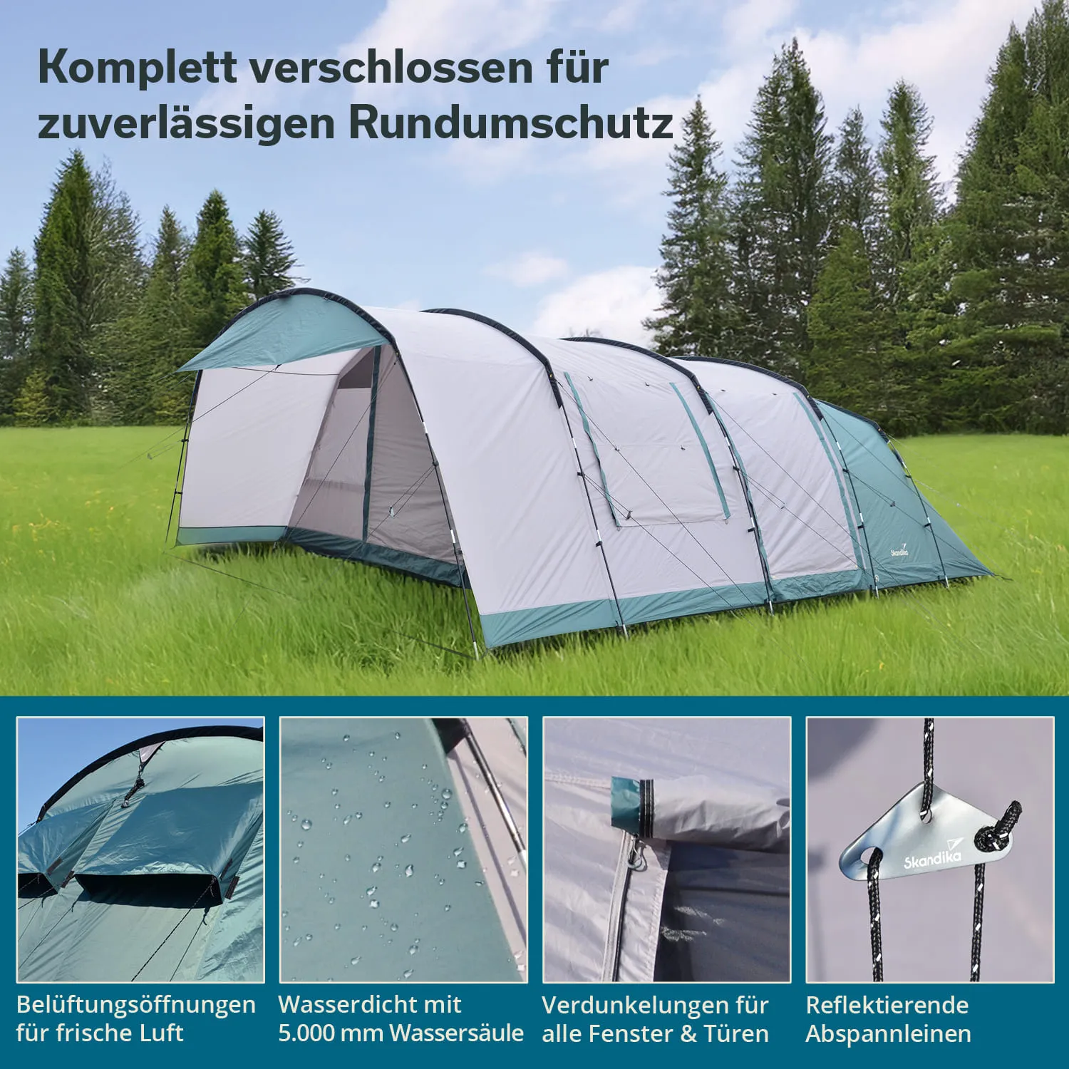 Zelt auf einer Wiese mit Bäumen im Hintergrund, Informationen zu Belüftung, Wasserdichtigkeit und Abspannleinen.