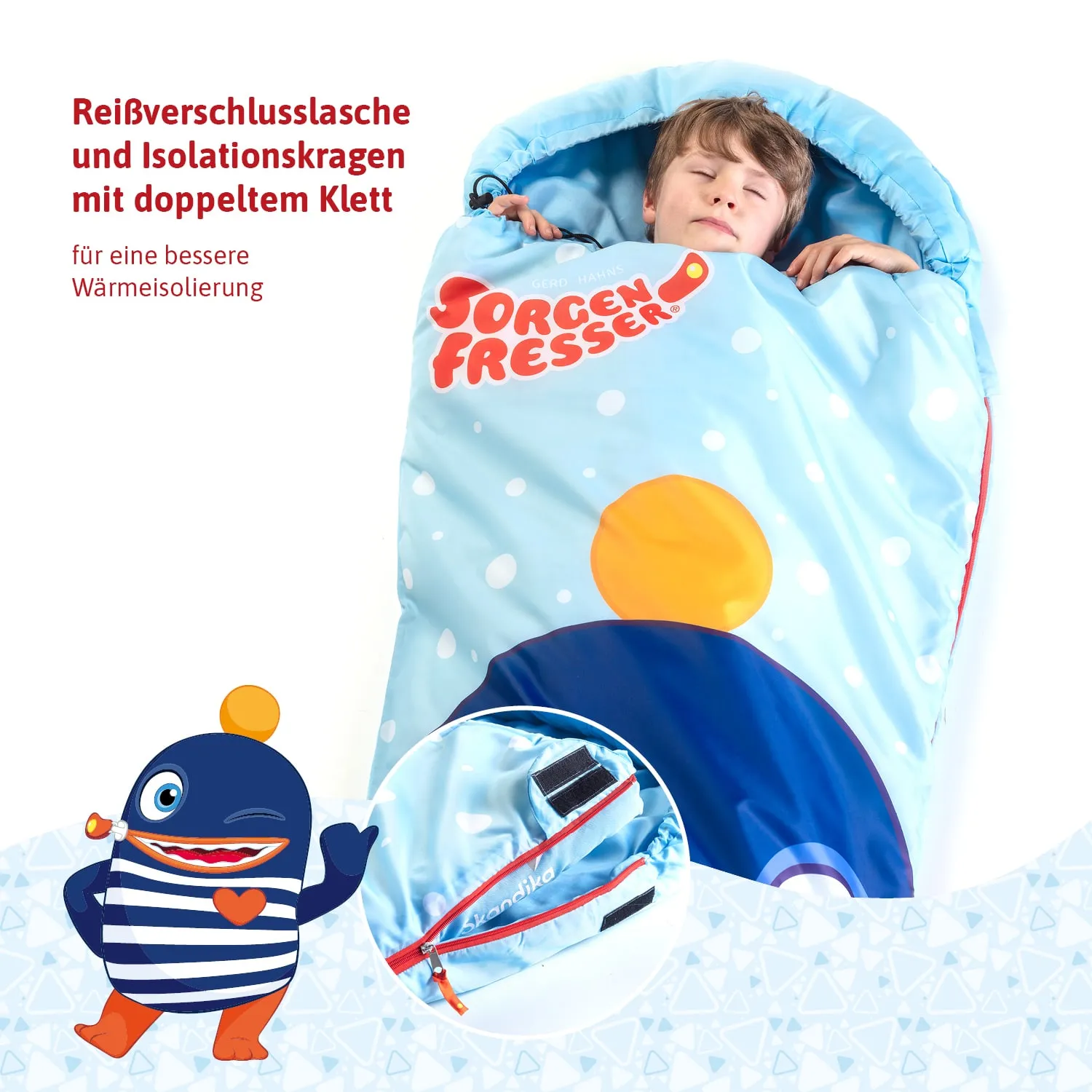 Schlafsack mit buntem Design, in dem ein schlafendes Kind liegt. Text beschreibt Reißverschluss und Isolationskragen.