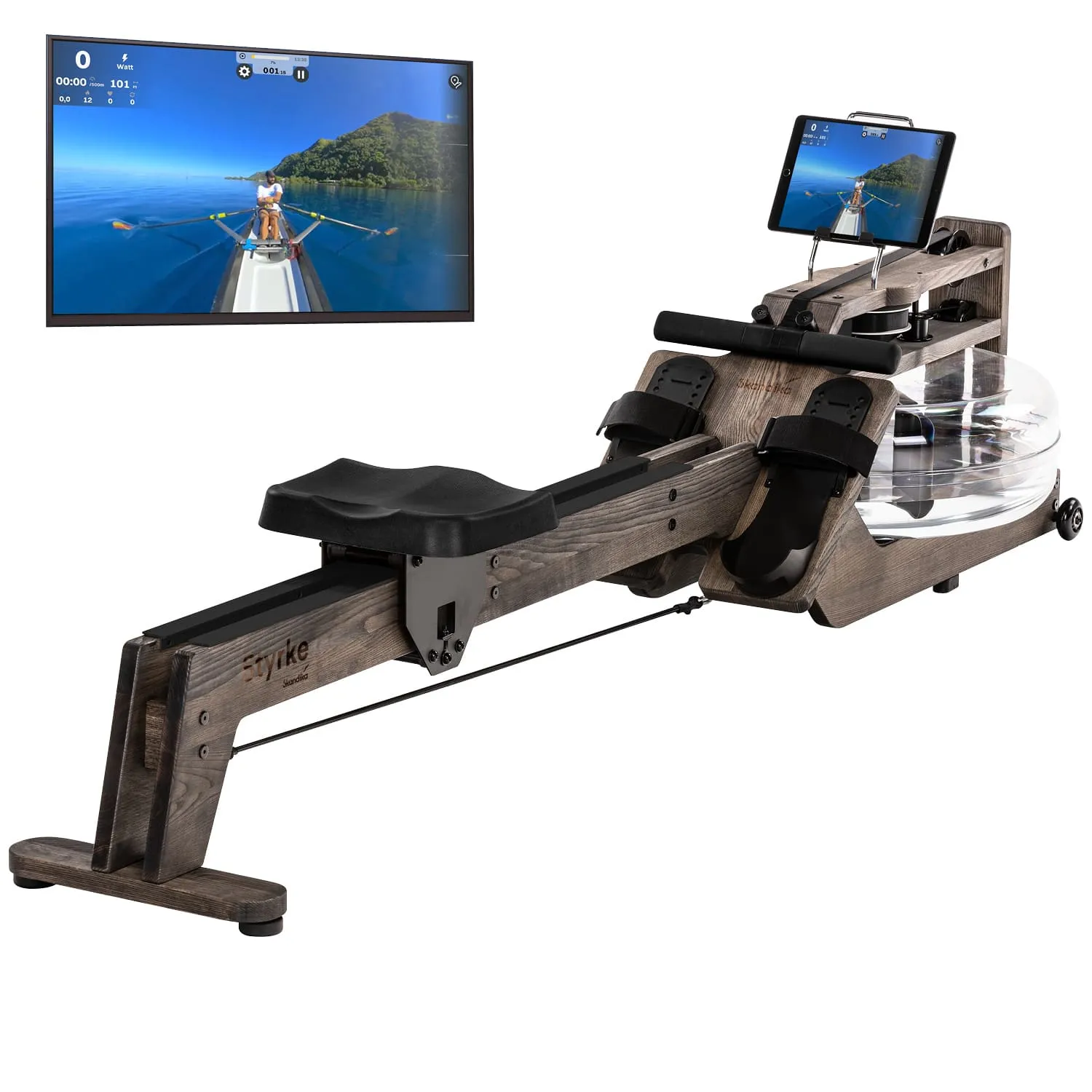 Wassertretgerät aus Holz mit Sitz, Fußstützen und Wassertank daneben ein Bildschirm mit Ruder-Simulation.