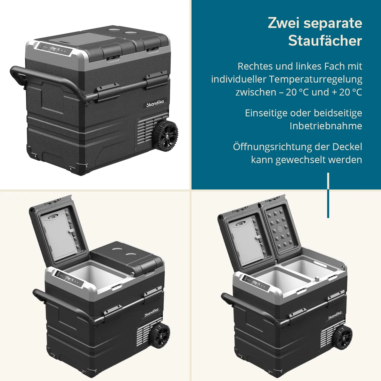 Eine Kühlbox mit zwei separaten Staufächern, jeweils mit individueller Temperatureinstellung, und einem verstellbaren Deckel.