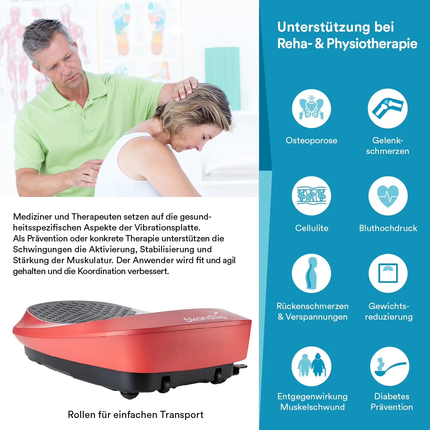 Vibrationsplatte in Rot auf schwarzem Standfuß, neben einer Person, die in Rückenlage behandelt wird. Text informiert über Therapieanwendungen.