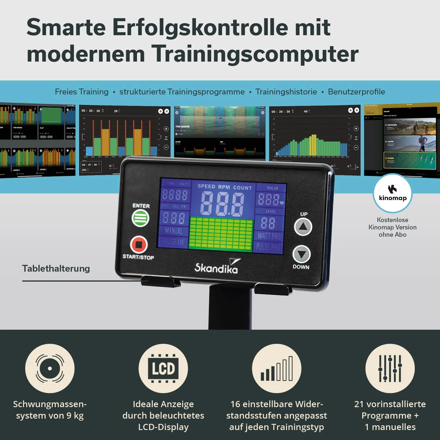 Trainingscomputer mit LCD-Display, angehoben auf Ständer. Grafiken im Hintergrund zeigen Trainingsdaten und -analysen.