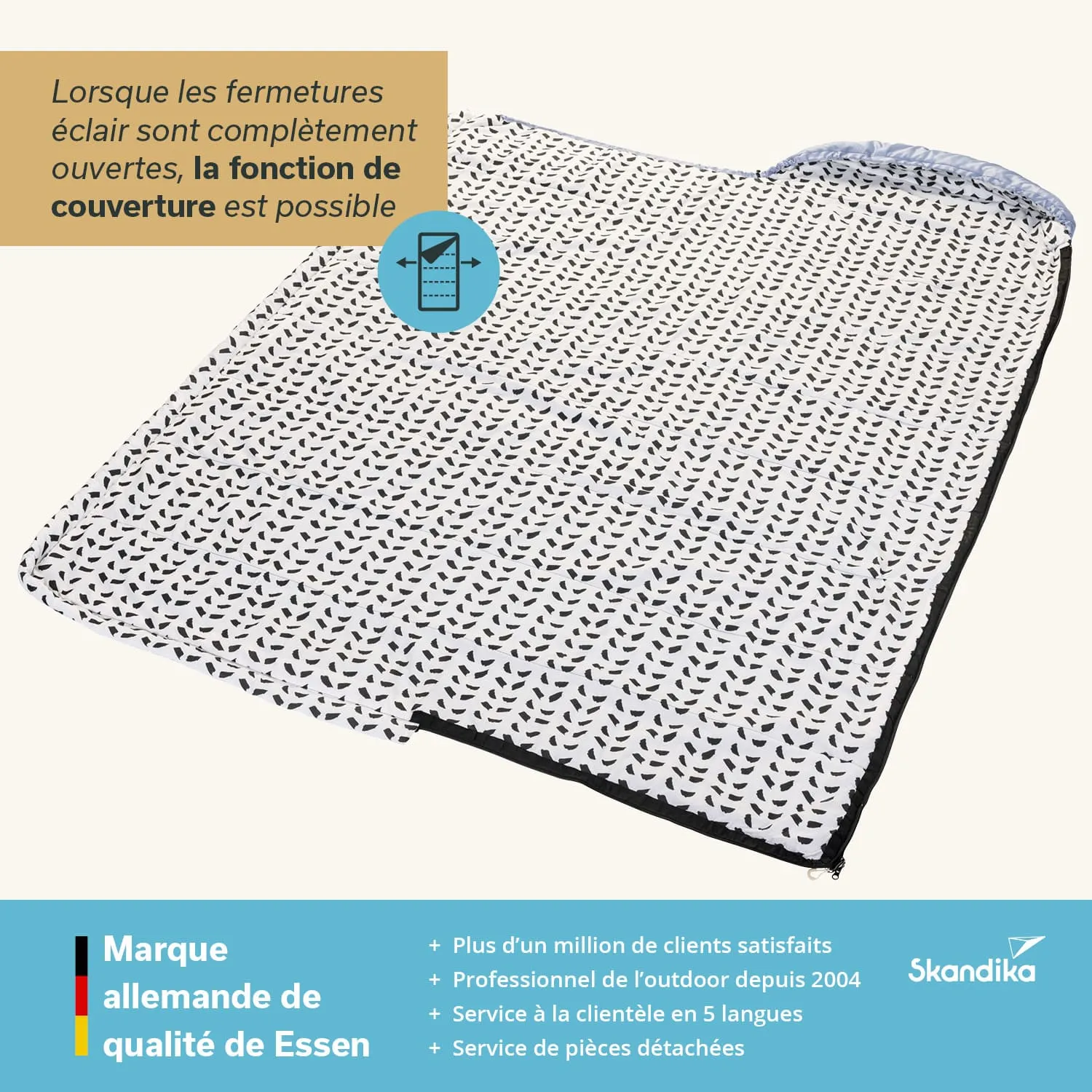 Ein Schlafsack mit schwarzem und weißem Muster liegt auf einem hellen Hintergrund. Eine Grafik zeigt eine Funktion.