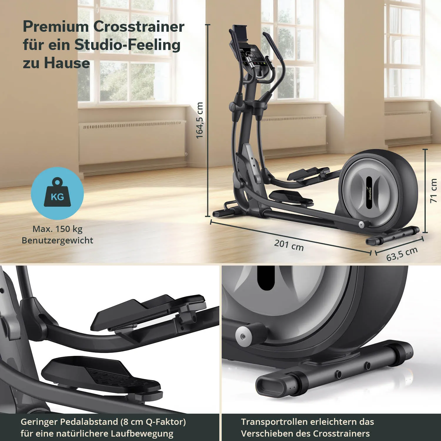 Premium Crosstrainer mit Abmessungen und technischen Details, präsentiert in einem hellen Raum mit Fenstern.