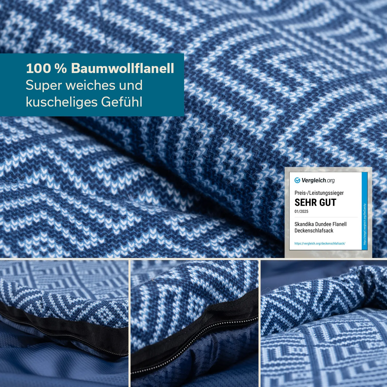 Decken-Schlafsack aus 100 % Baumwollflanell in blau-weißem geometrischen Muster. Label mit Bewertung "SEHR GUT".