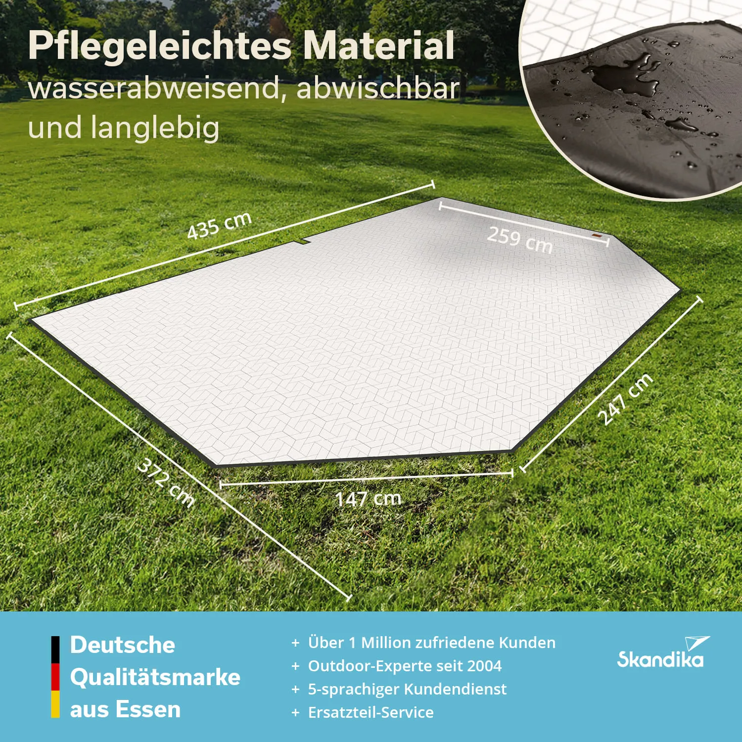 Grafik eines rechteckigen, wasserdichten Materials auf einer grünen Wiese, mit angegebenen Maßen und Eigenschaften.
