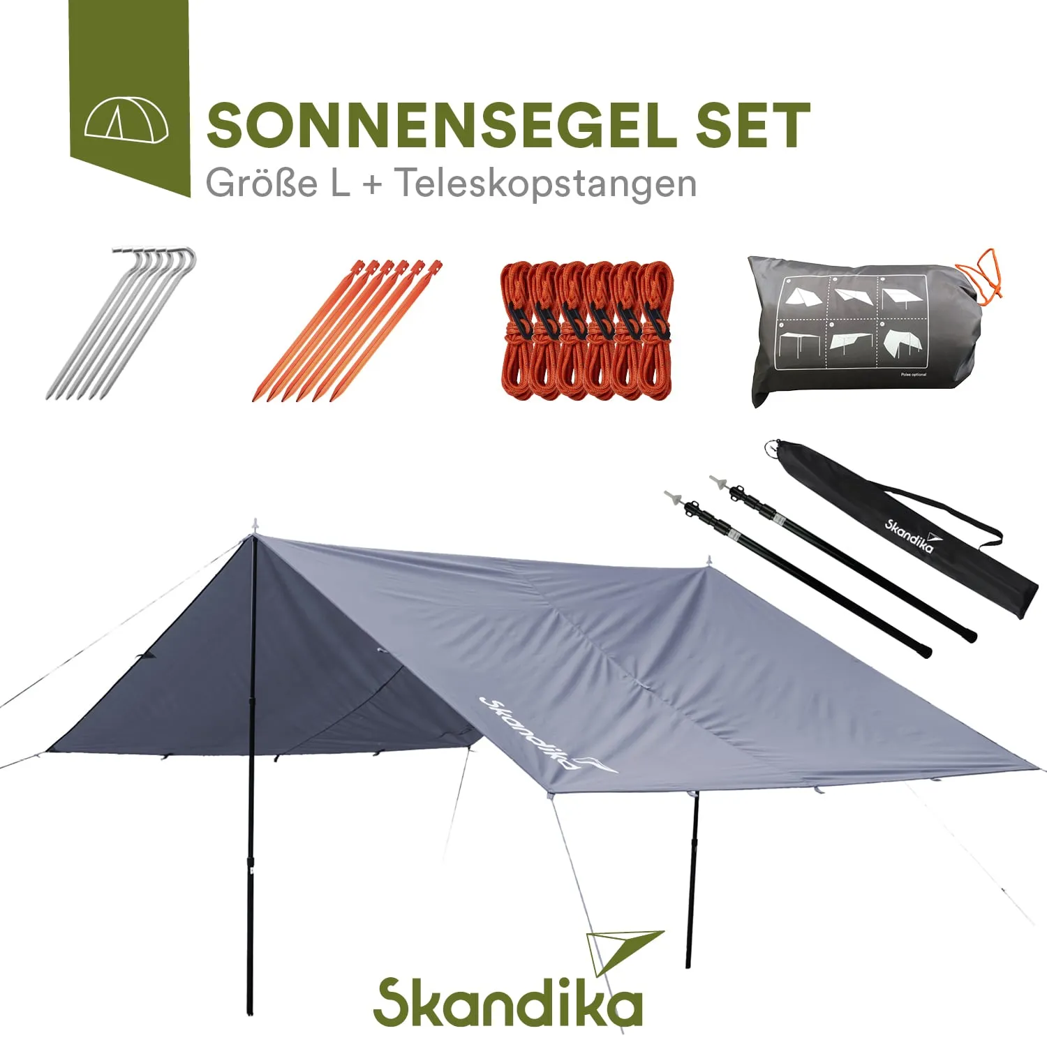 Sonnensegel-Set in Größe L mit Teleskopstangen, Heringe, Schnüre und Tragetasche. Hersteller: Skandika.