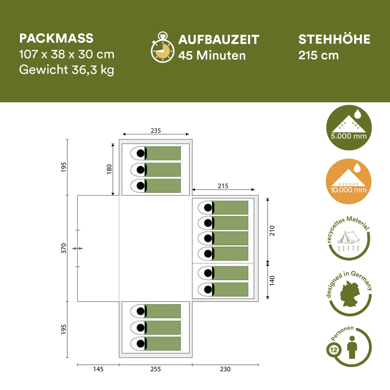 Grafische Darstellung eines Campingzeltes mit Maßen, Packmaß, Aufbauzeit und weiteren Spezifikationen.