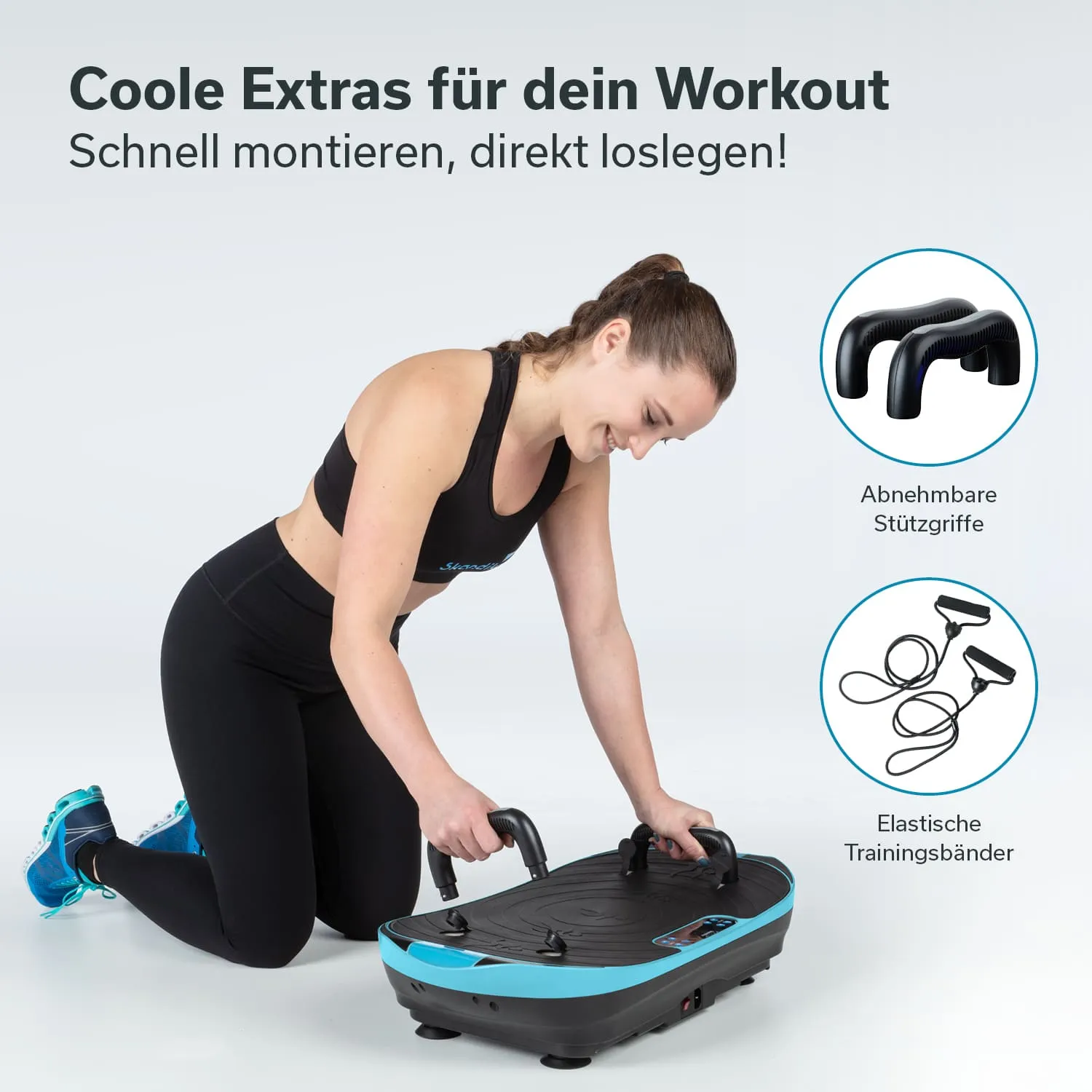 Frau kniet neben einem Fitnessgerät mit abnehmbaren Stützgriffen und elastischen Trainingsbändern.