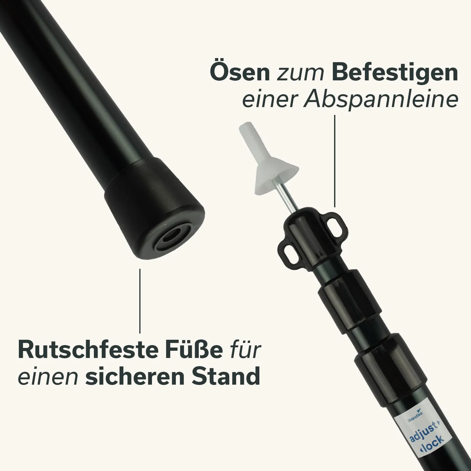 Das Bild zeigt einen schwarzen Stab mit rutschfestem Fuß und Ösen zum Befestigen einer Abspannleine.