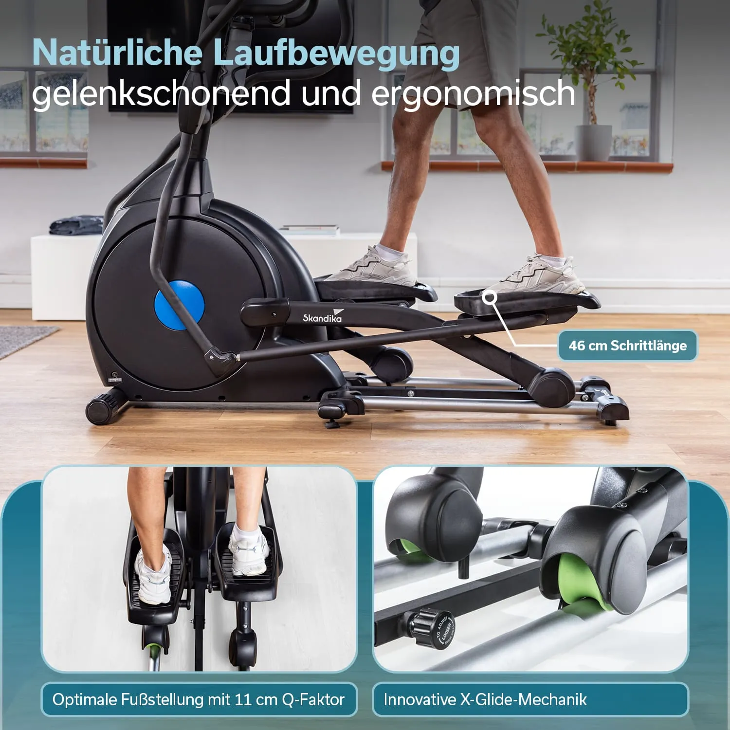 Ellipsentrainer mit einer Person in Bewegung. Markierungen zu Schrittlänge und Fußstellung sind sichtbar.
