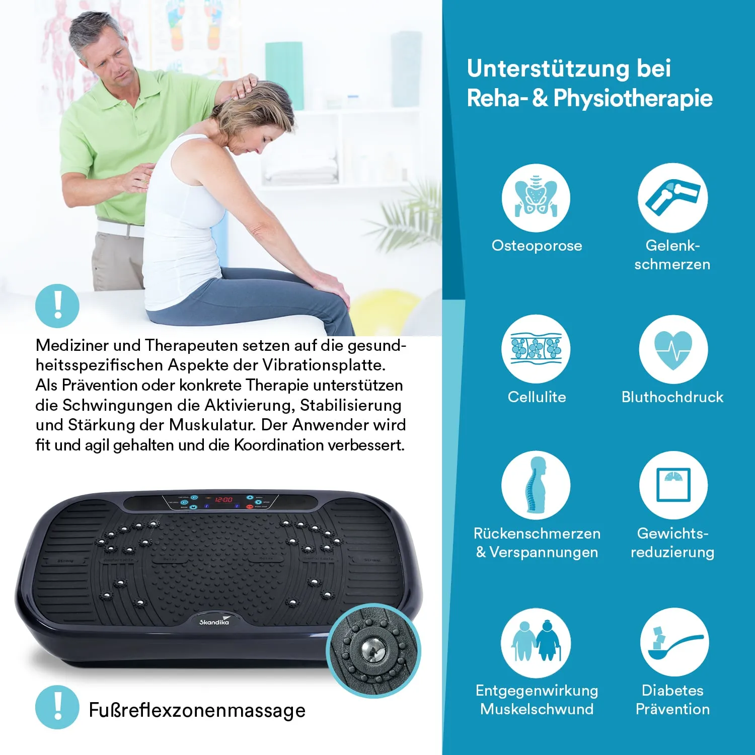 Bild mit einem schwarzen Vibrationsgerät und einer Person, die darauf sitzt, während ein Therapeut eine Behandlung durchführt. Text beschreibt Vorteile der Vibrationstherapie.
