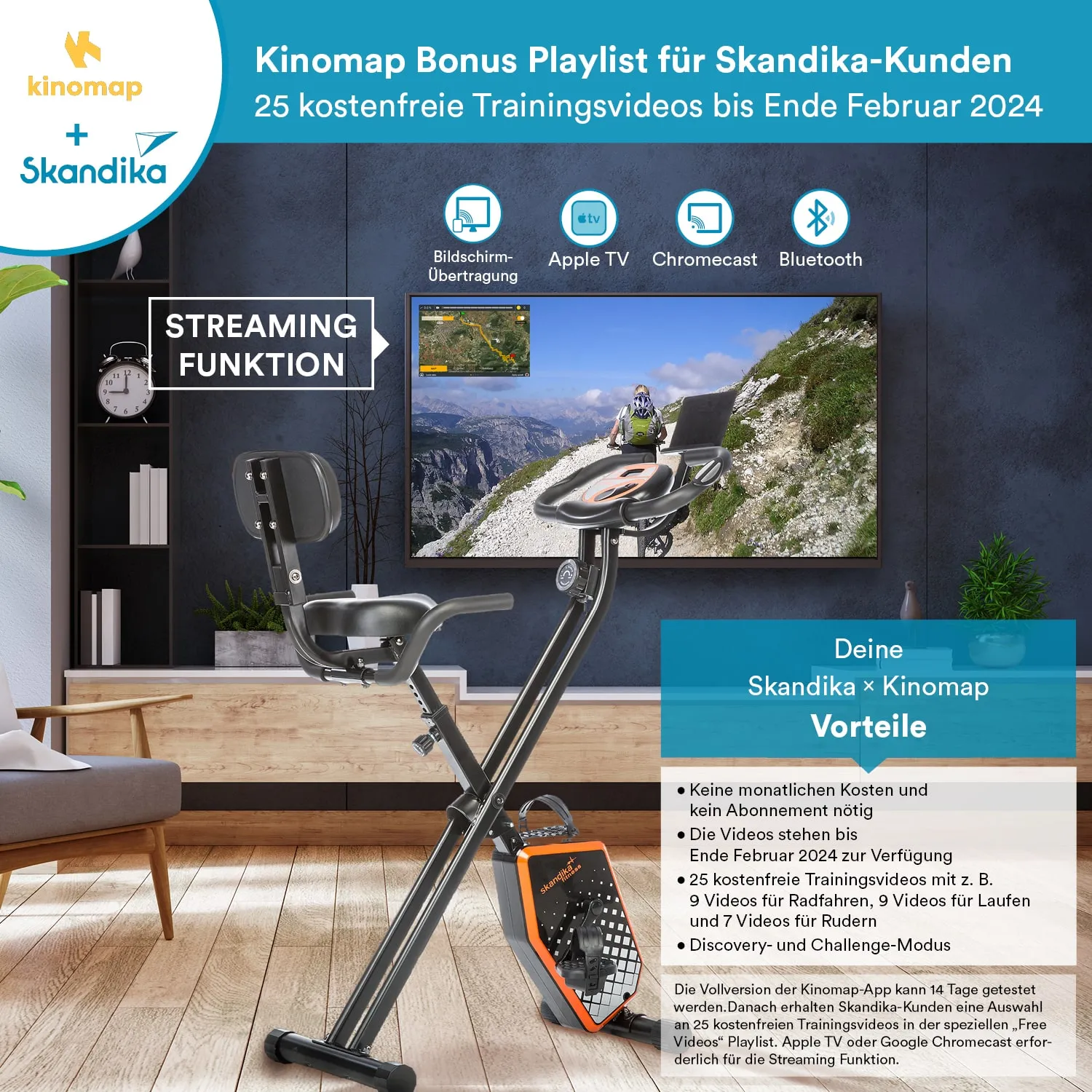 Indoor-Fahrrad im Vordergrund, Fernseher im Hintergrund mit Trainingsvideos. Textinformationen zu Kinomap und Skandika.