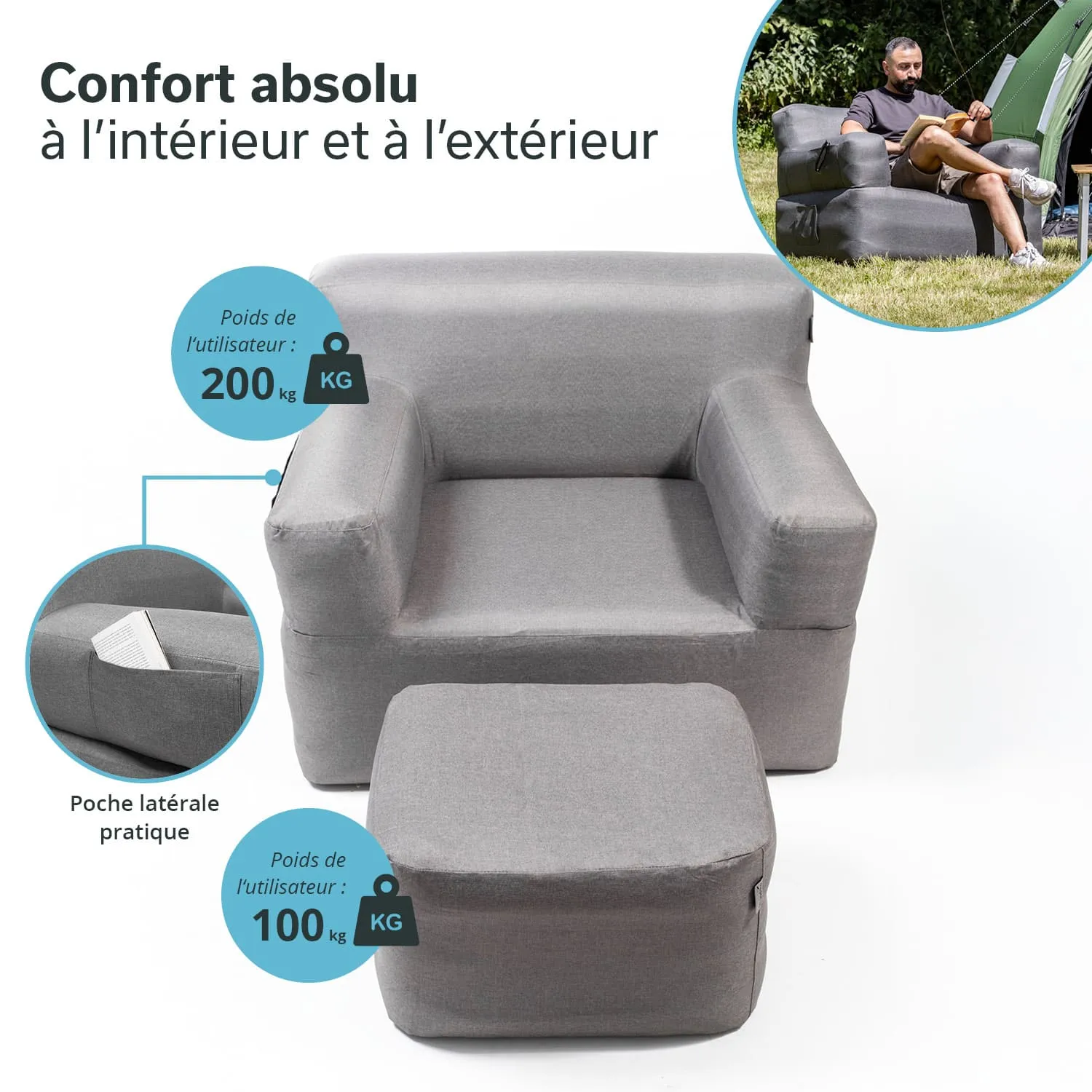 Grau gepolsterter Sessel mit einem passenden Hocker und seitlicher Tasche, für Innen- und Außenbereich geeignet.