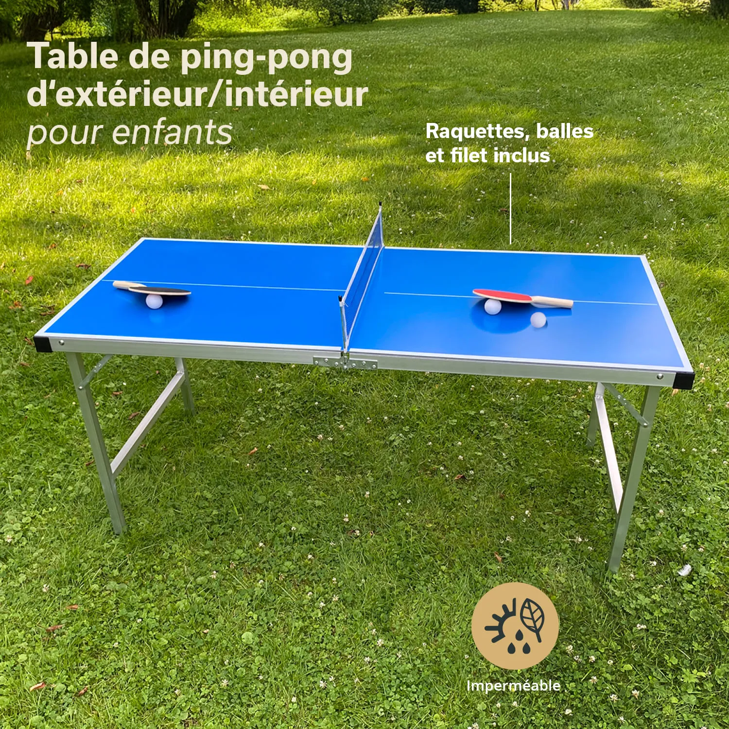 Tischtennisplatte in Blau mit zwei Schlägern, zwei Bällen und Netz, auf grünem Rasen im Freien.