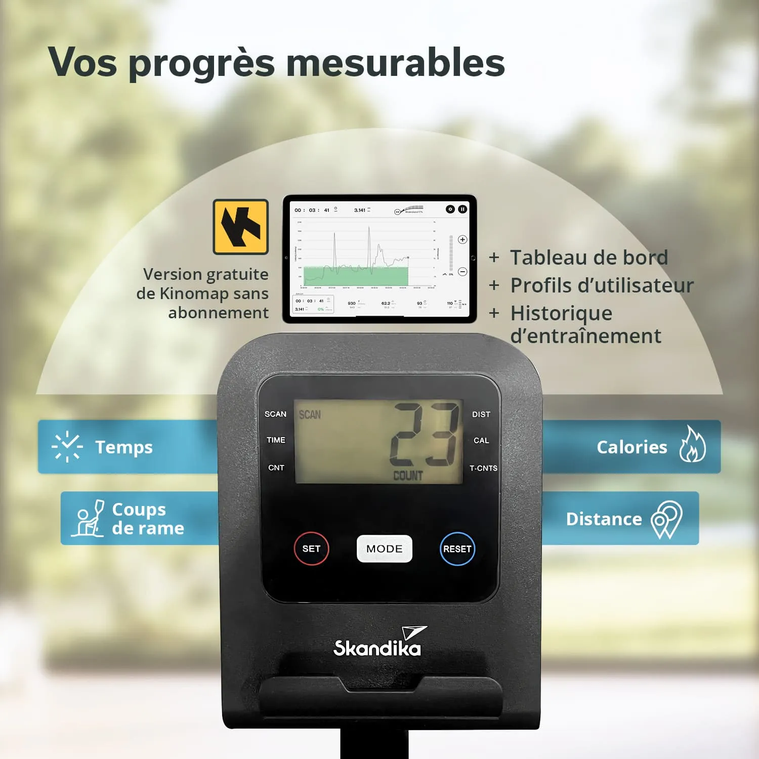 Display eines Fitnessgeräts von Skandika mit Funktionstasten und digitalen Messwerten, umgeben von symbolischen Informationen.