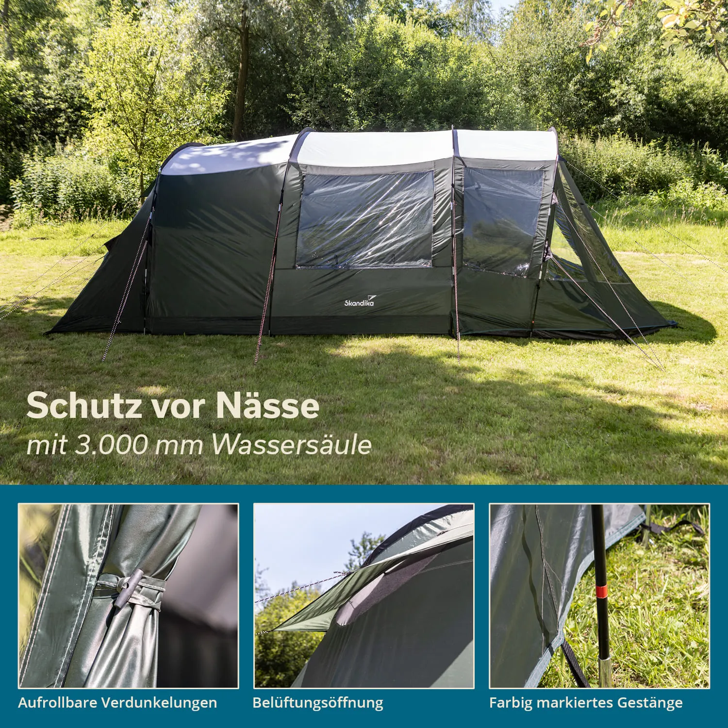 Zelt auf Rasenfläche mit Fenster und Aufrollbaren Verdunkelungen, umgeben von Bäumen. Textinformationen über Nässe- und Belüftungsschutz integriert.