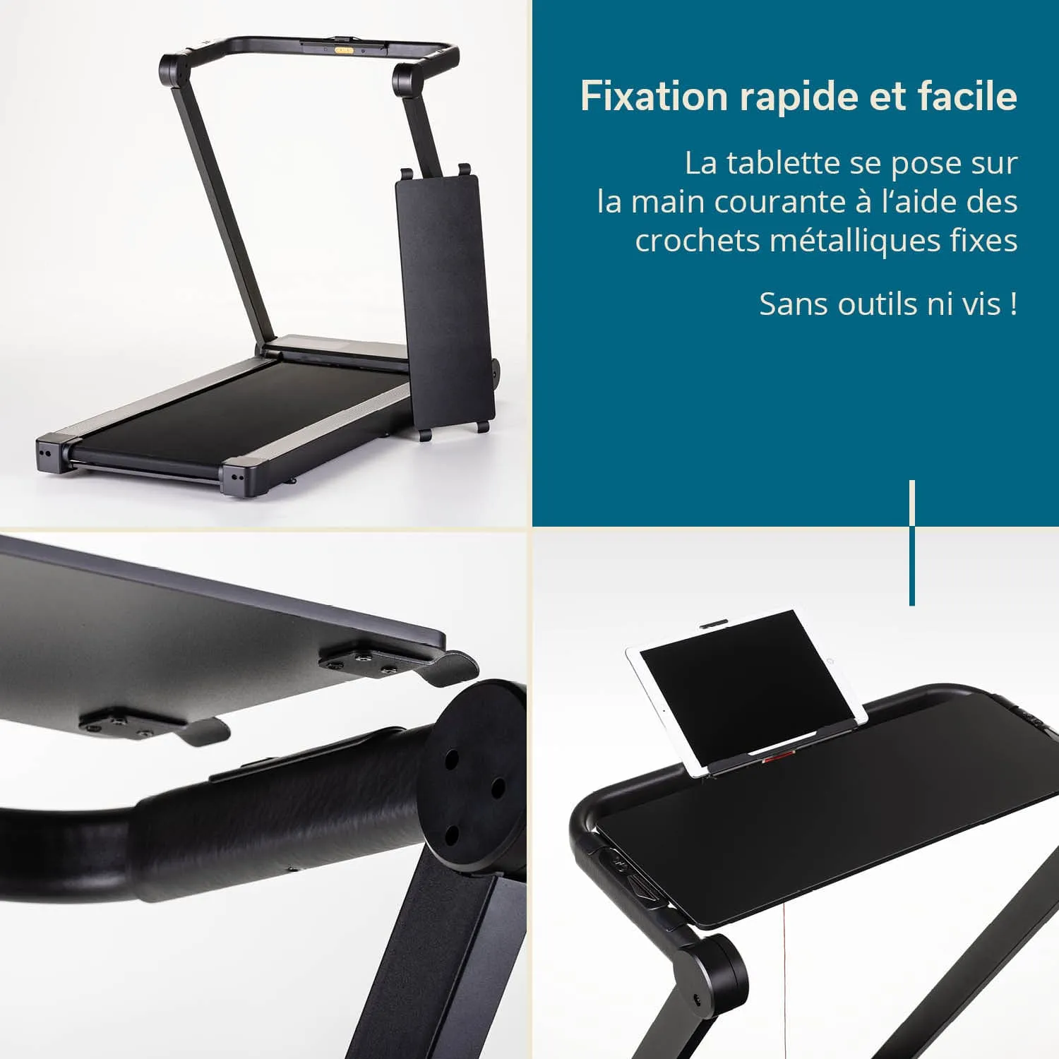 Laufband mit Halterung für ein Tablet, die einfach montiert werden kann. Detaillierte Ansichten der Halterung und Mechanik.