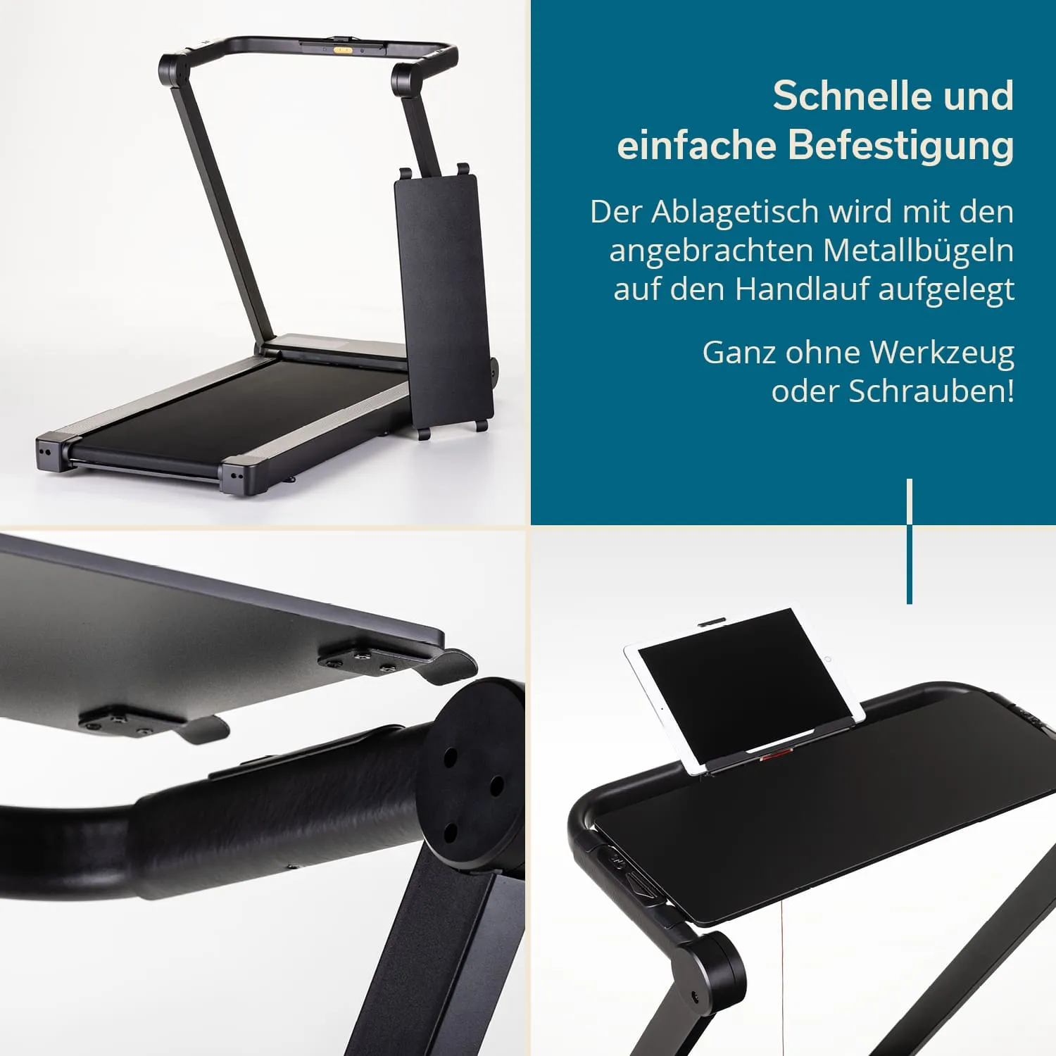 Ein Laufband mit einem abnehmbaren Ablagetisch, der auf dem Handlauf montiert ist. Sichtbare Metallbügel und ein Tablethalter.