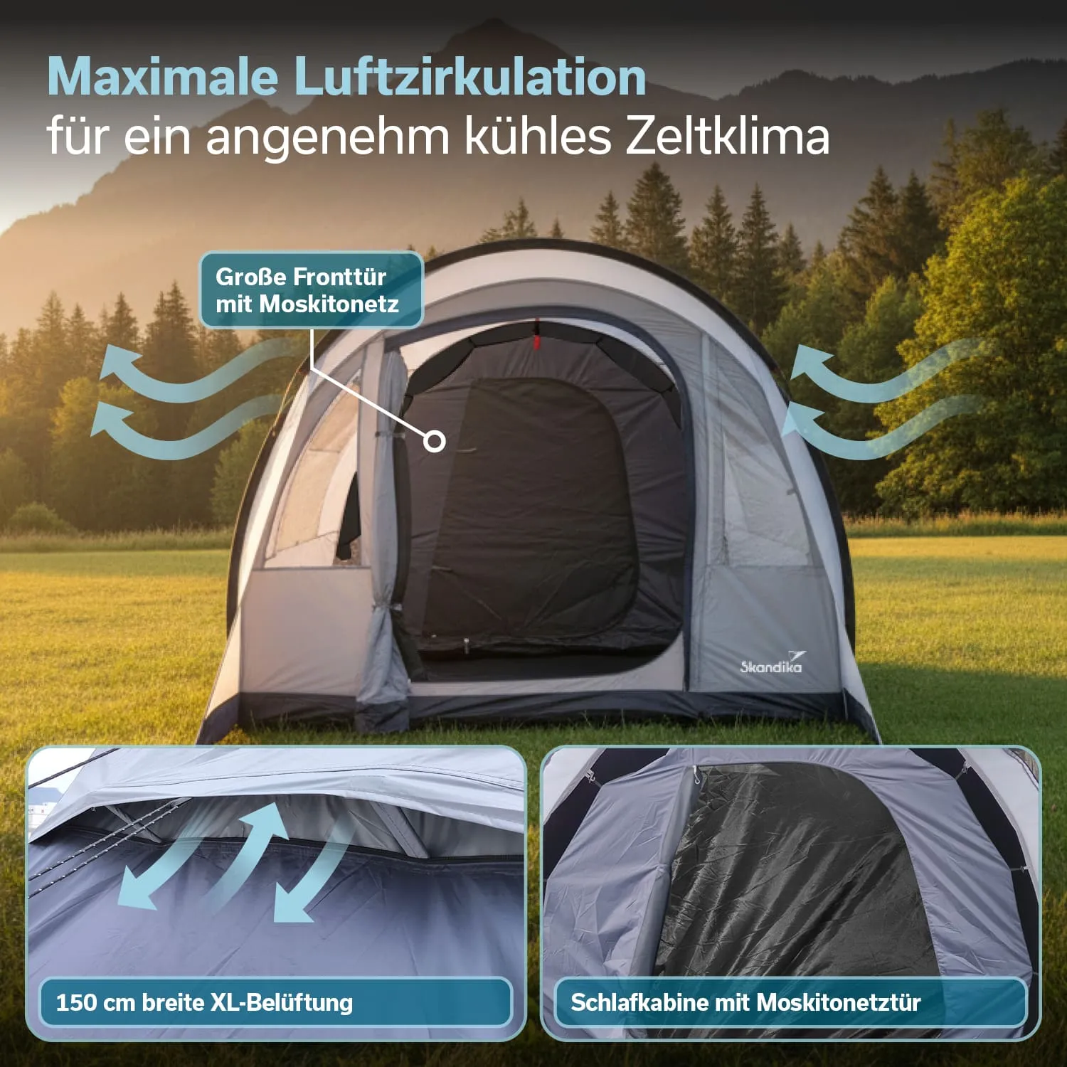 Zelt mit großer Fronttür und Moskitonetz, sichtbar in einer landschaftlichen Umgebung. Zusätzliche Details zu Belüftung.