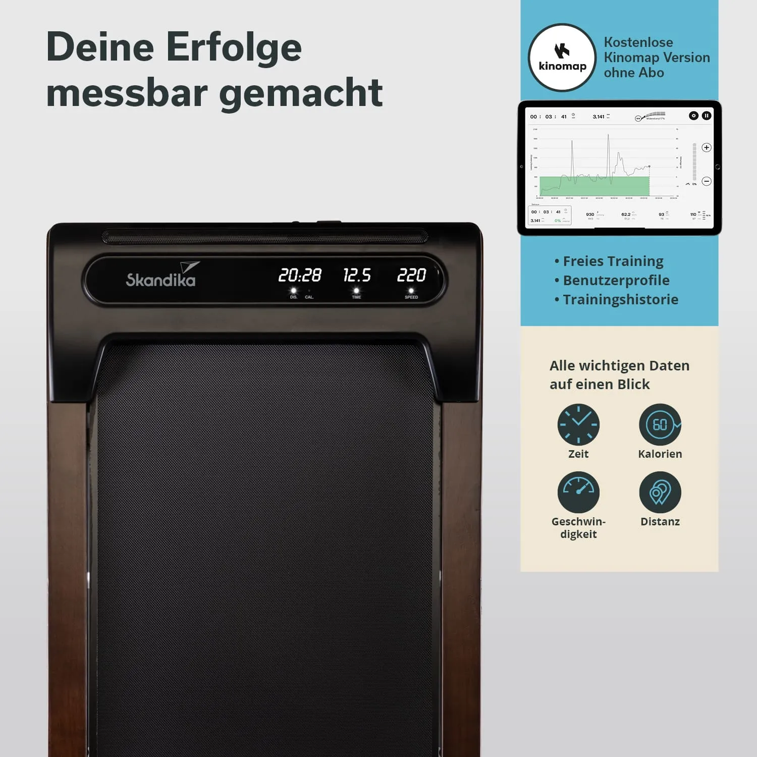 Schwarzes Fitnessgerät mit digitaler Anzeige und Holzverkleidung Informationen über Zeit, Kalorien, Geschwindigkeit und Distanz.