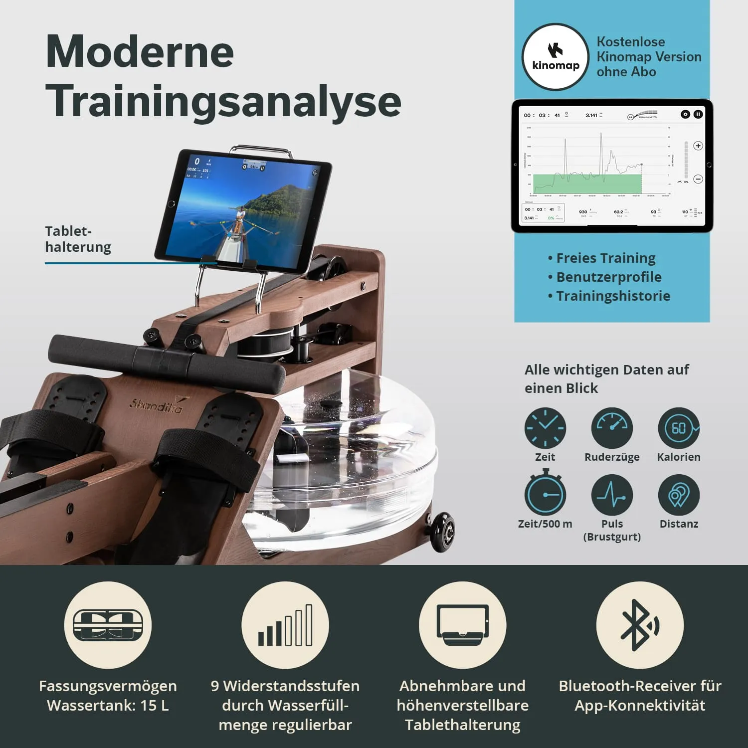 Holzgerüst eines Rudergerät mit Wassertank, Tablet-Halterung und mehreren Zusatzinformationen. Grafiken zu Funktionen sichtbar.