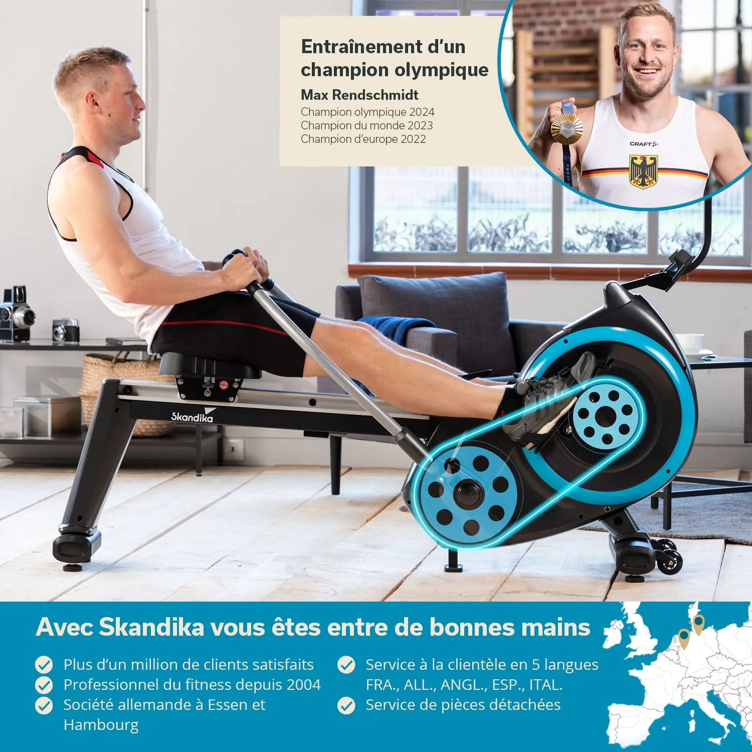 Eine Person sitzt auf einem Rudergerät. Im Hintergrund sind Möbel zu sehen. Ein Schreibtisch und eine Couch sind sichtbar.