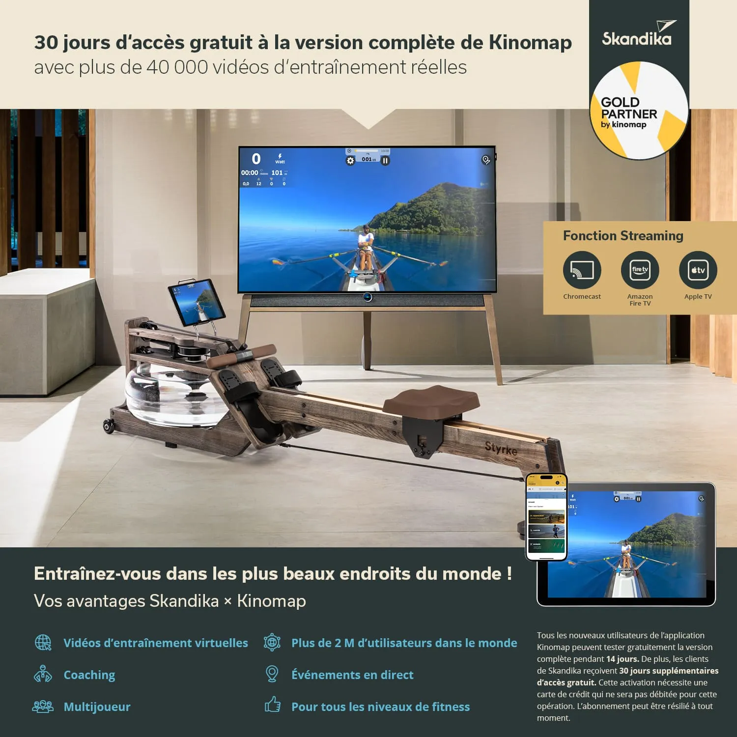 Rudergerät aus Holz in hellen Räumen, Bildschirm mit Trainingsvideos und Smartphone in der Nähe. модульные скамьи.
