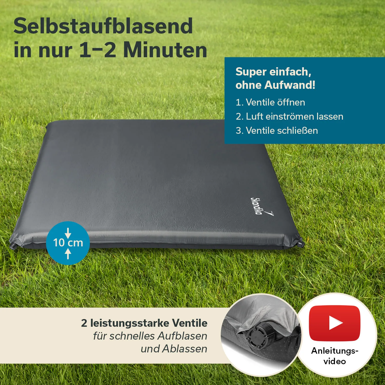Selbstaufblasende Matte auf grünem Gras, Text mit Anleitungen und einem Hinweis auf ein Anleitungsvideo.