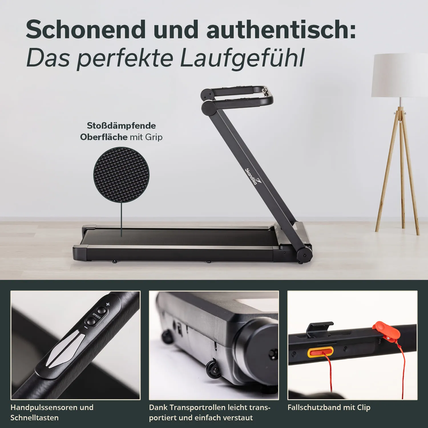 Laufband in einem modernen Raum, mit einer stoßdämpfenden Oberfläche und Bedienelementen, einschließlich Handpulssensoren.